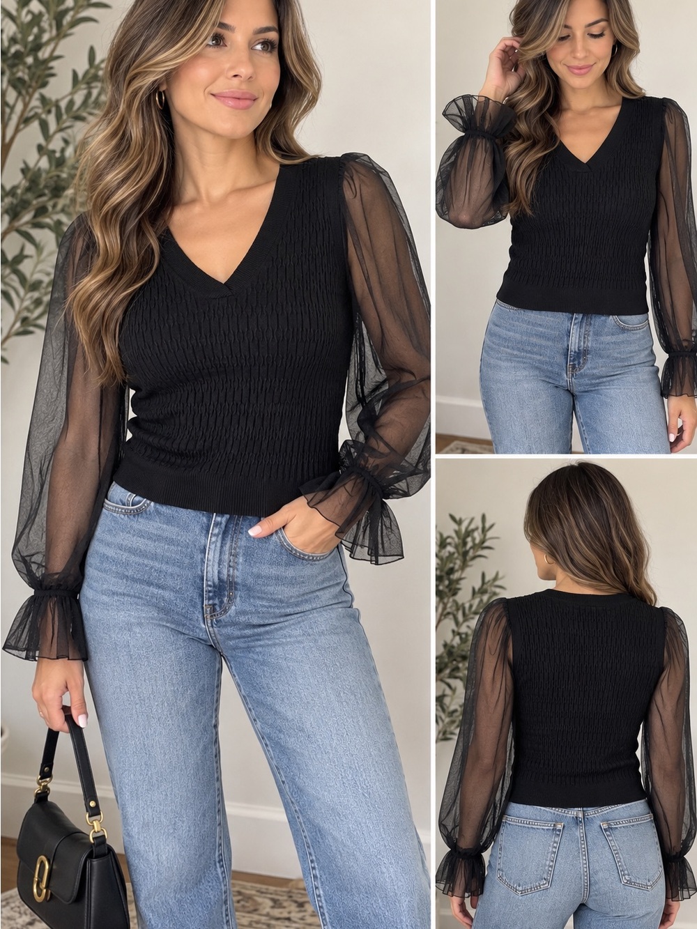 Anthropologie Maeve Black V-Neck Knit Top with Sheer Puff Sleeves